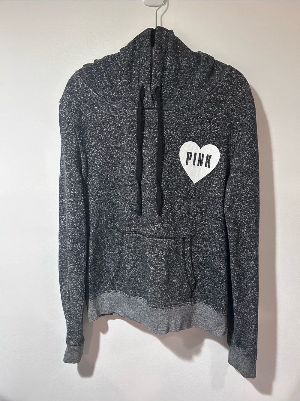 PINK Victoria's Secret Dark Gray Marled Pullover Hoodie with White Heart